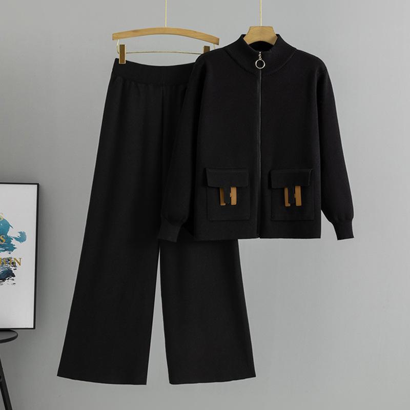 French Zipper Fashion Suit Women's Clothing 2025 Autumn and Winter New Knitted Cardigan Wide-leg Pants Two-piece Trendy