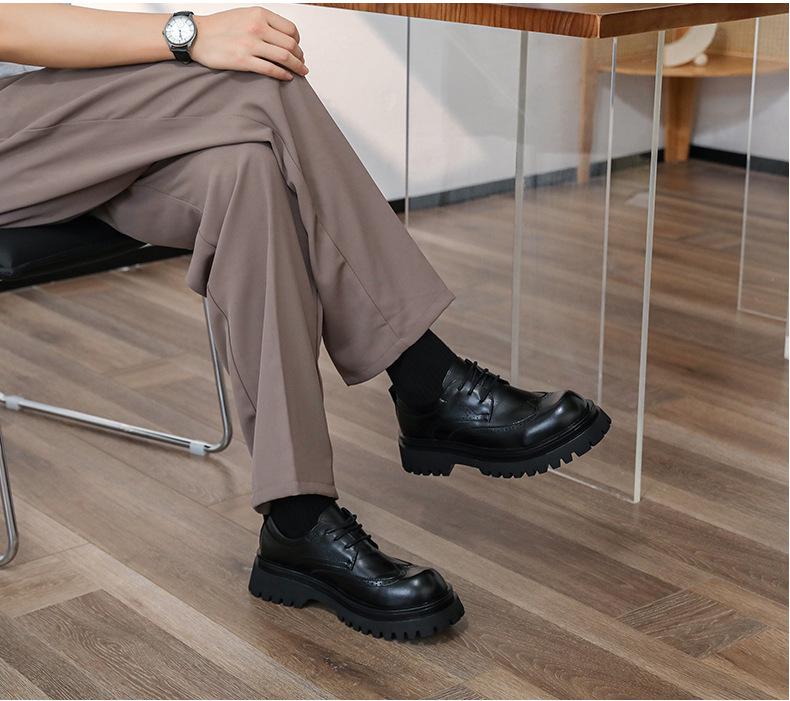 Men's Black Leather Derby Shoes with Thick Sole for Height Increase - British-Style Formal Brogue Round Toe for Weddings and Business.