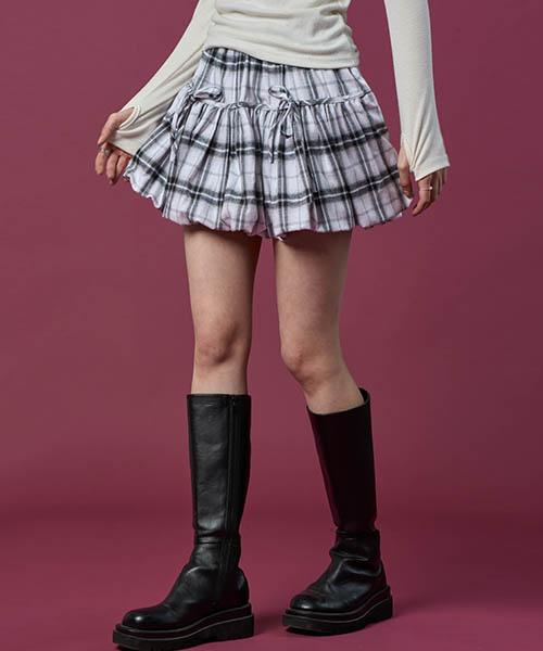 Collet Brushed Balloon Check Ribbon Flare Elastic Waist Mini Skirt [White] Skorts Ver.