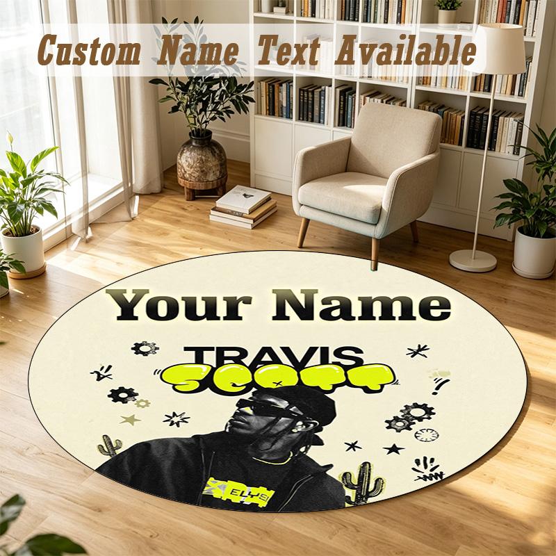 Round Rug Custom NameTravis Scott Pattern Non Slip Carpet Home Floor Decor