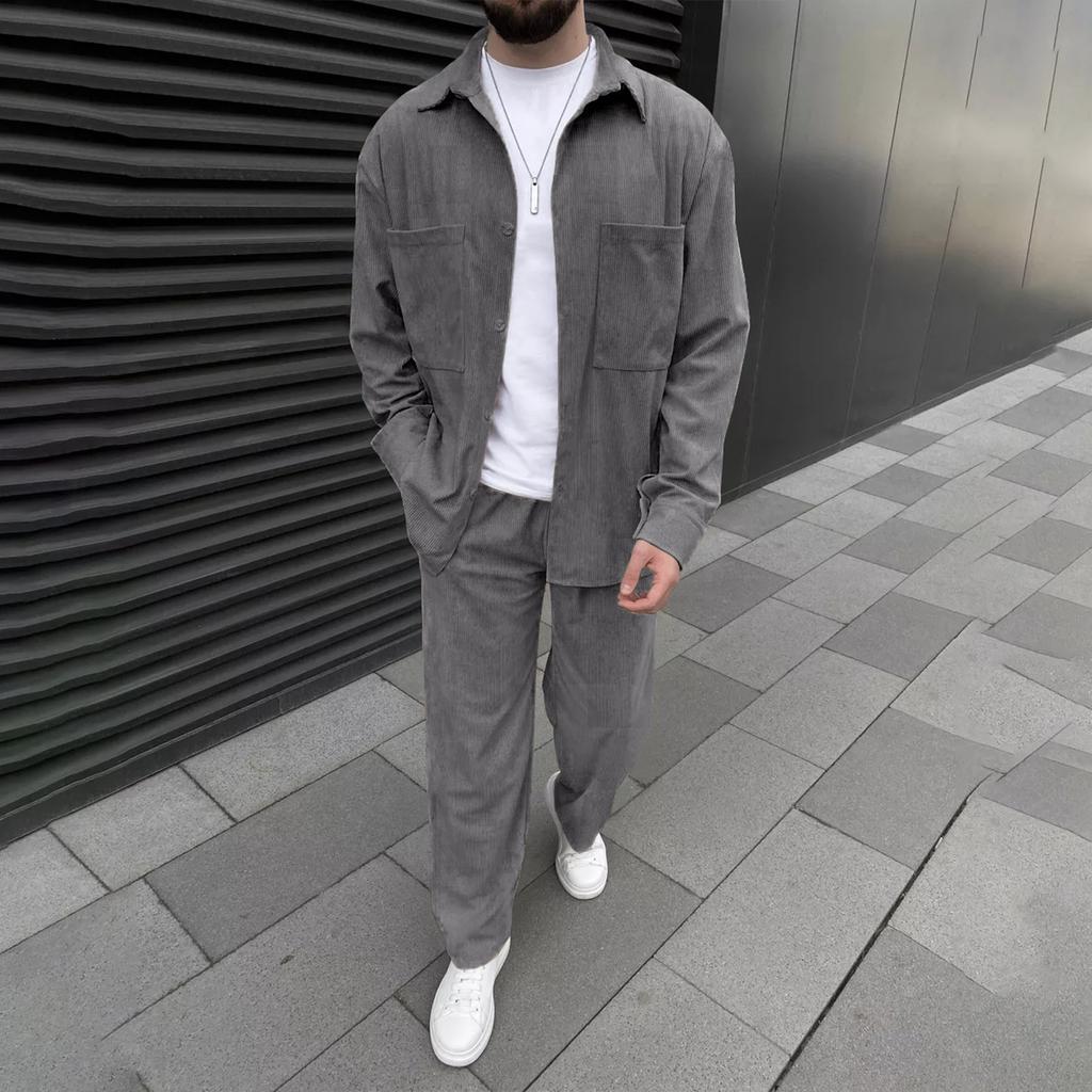 Men's Solid Color Button Double Pocket Long Sleeve Jacket Casual Trousers Two Piece Suit