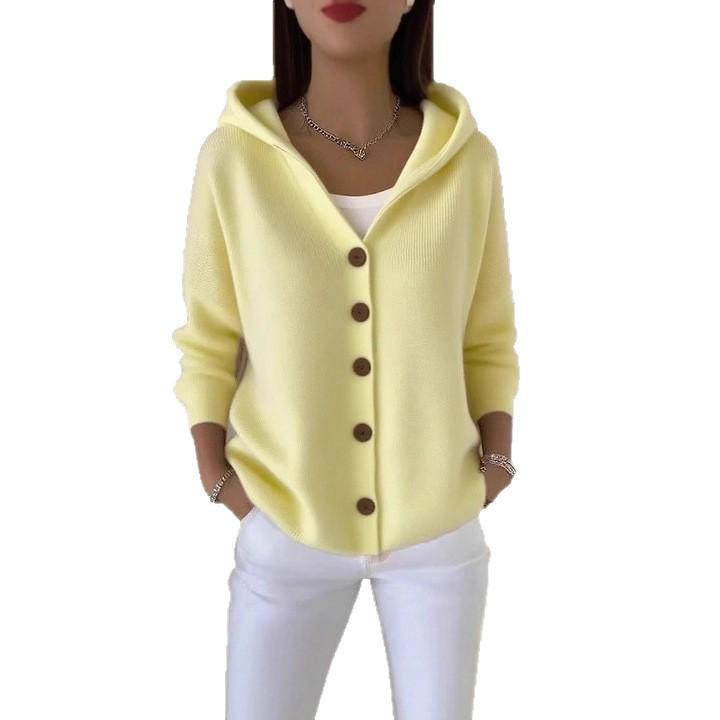 2025 Women’s Solid Color Button Knit Hooded Cardigan Sweater - Casual Fashion for Autumn & Winter