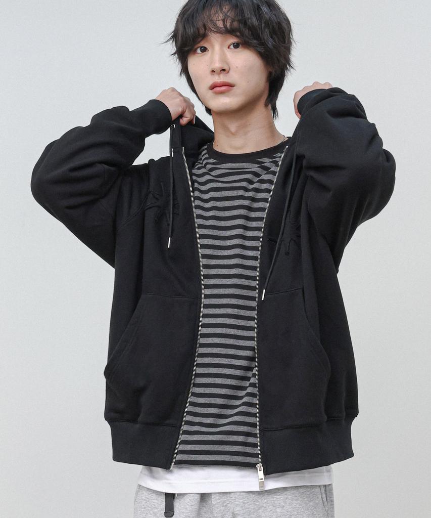 Moderment Applique Washed Oversized Zip-Up Hoodie [Black]