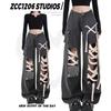 Black High-Waisted Straight Leg Distressed Denim Pants Women Punk Streetwear Wide Cropped Trousers