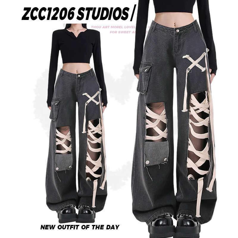 Black High-Waisted Straight Leg Distressed Denim Pants Women Punk Streetwear Wide Cropped Trousers