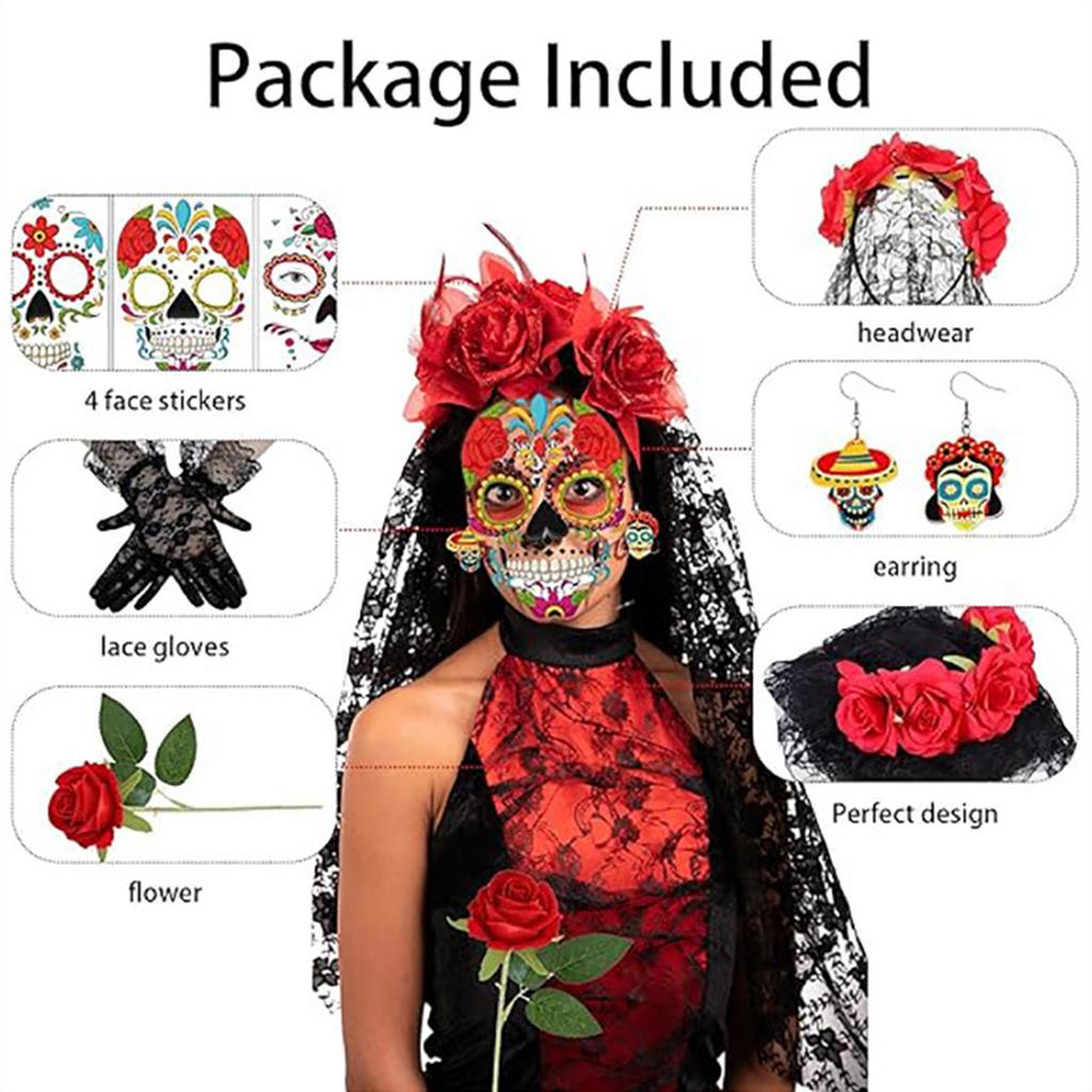 Halloween Bride Accessories Set with Red Rose Gloves Earrings and Stickers for Costume Photo Props