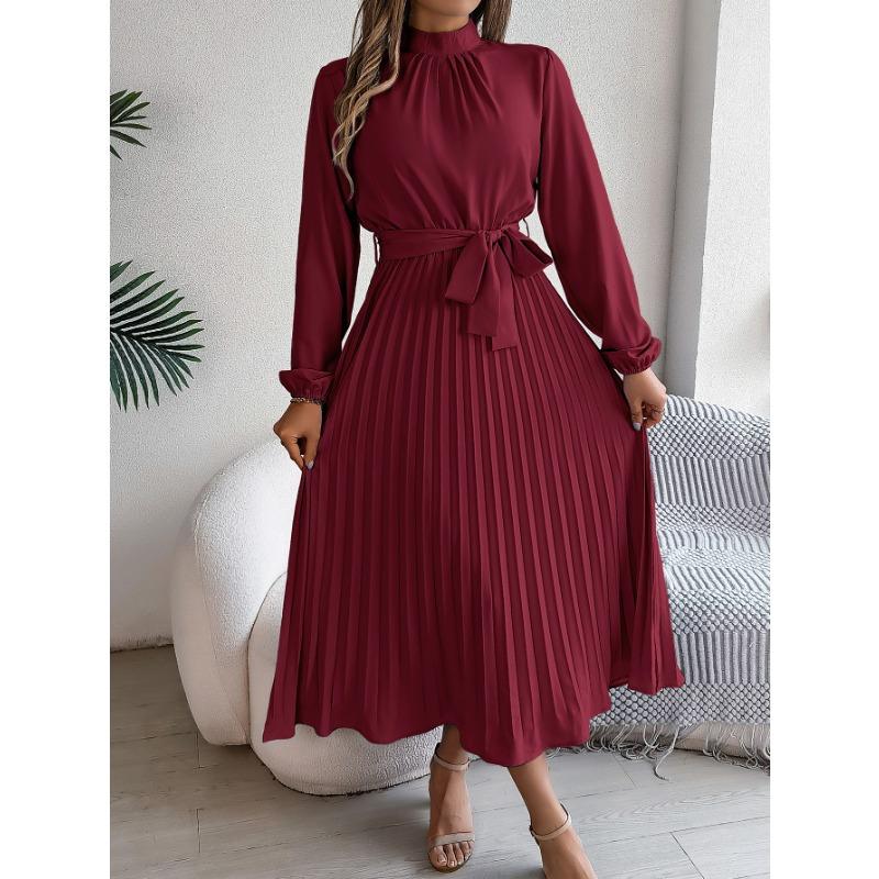 Women's Autumn and Winter Elegant Stand Collar Long Sleeve Waist Pleated Long Dress