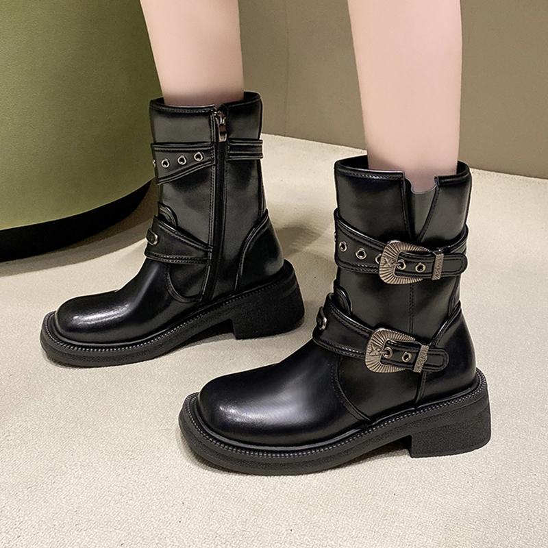 Fashion Vintage Side Zipper Mid Calf Riding Boots Women Sexy Square Toe Medium Heel Western Boots Luxury Designer Metal Buckle Shoes