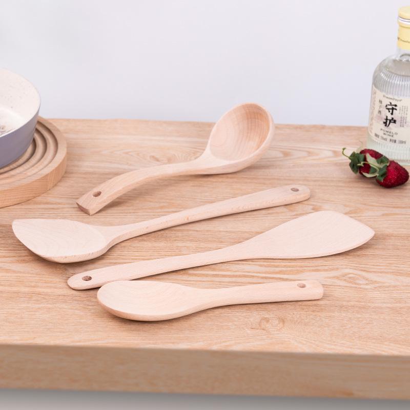 Japanese Non-Stick Wok Set: Spatula, Soup Ladle, Rice Spoon, Frying Pan, Stir-Fry Utensils, Solid Wood Handles