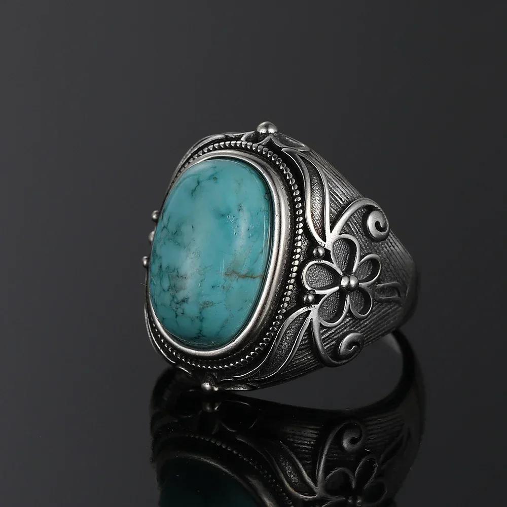 S925 Silver Vintage Ring With Natural Turquoise Stone Rings Oval and Round Shape Flower Carved Rings For Women Men