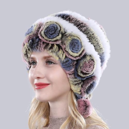 Sale Winter Women Flowers Striped Natural Real Rex Rabbit Fur Hats Lady Warm Knit Genuine Fur Caps Russian Outdoor Fur Hats