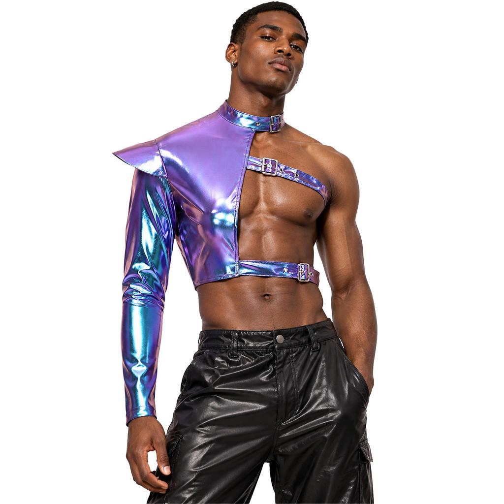 Men Metallic Shiny One Shoulder Crop Top