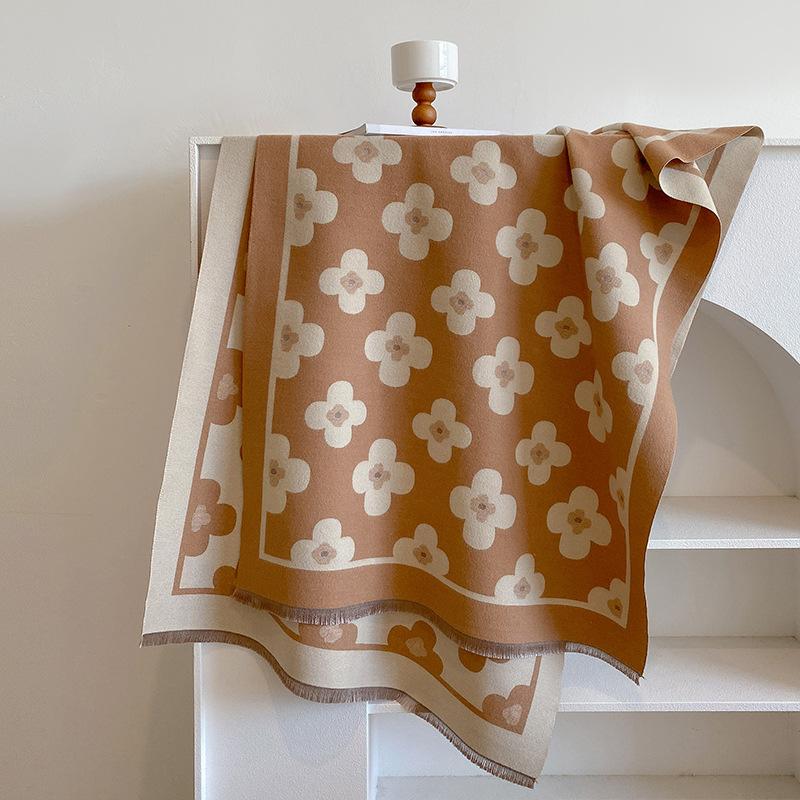 Autumn and winter versatile double-sided two-color flower design dual-purpose extended warm imitation cashmere scarf shawl women