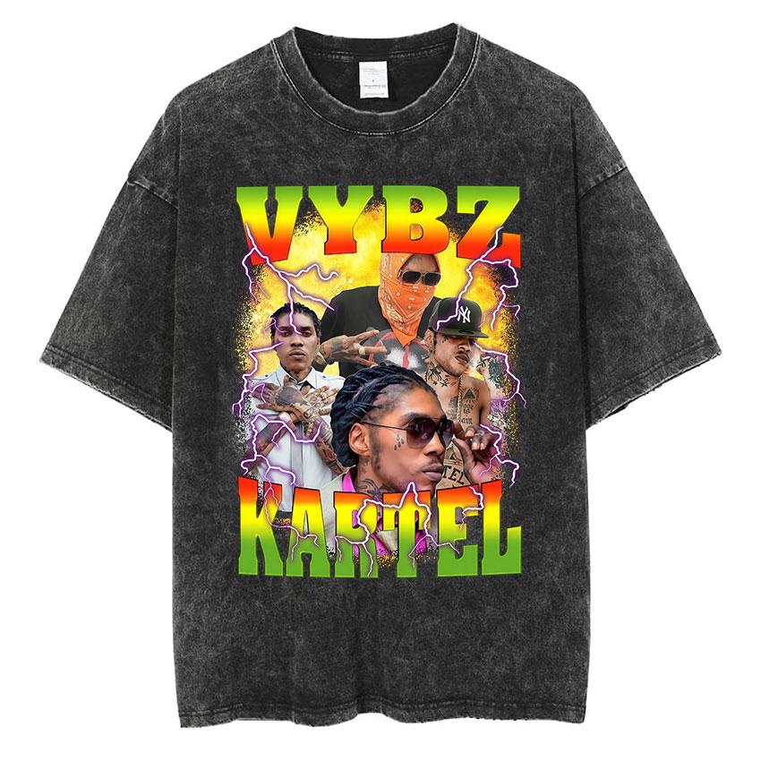 Rapper Vybz Kartel Album Merch TShirt Unisex Vintage Washed Short Sleeve Tshirts Fashion Pop Music Cotton T Shirt Streetwear