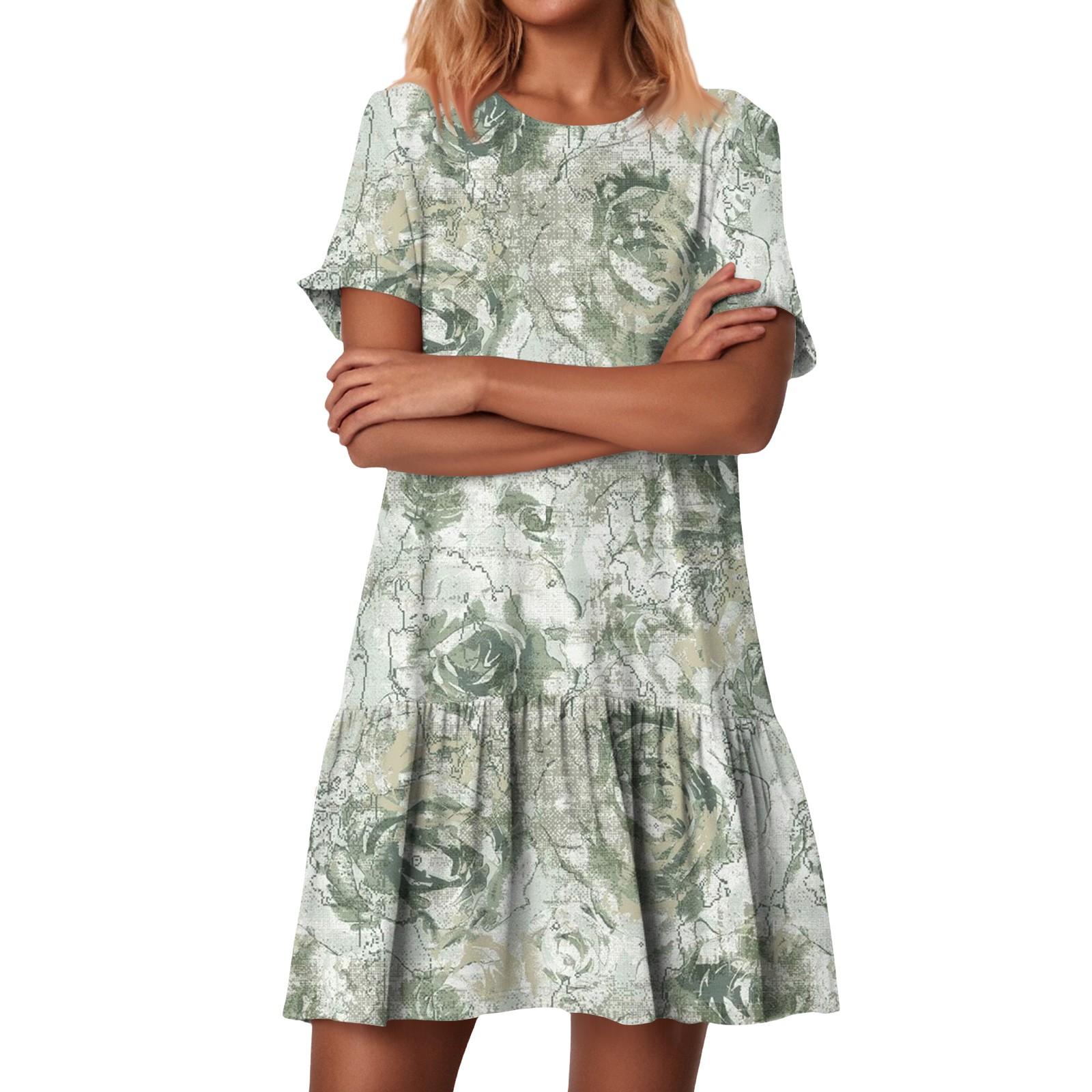 

Women s Fashion Casual Round Neck Short Sleeve Ruffled Vintage Printed Dresses M