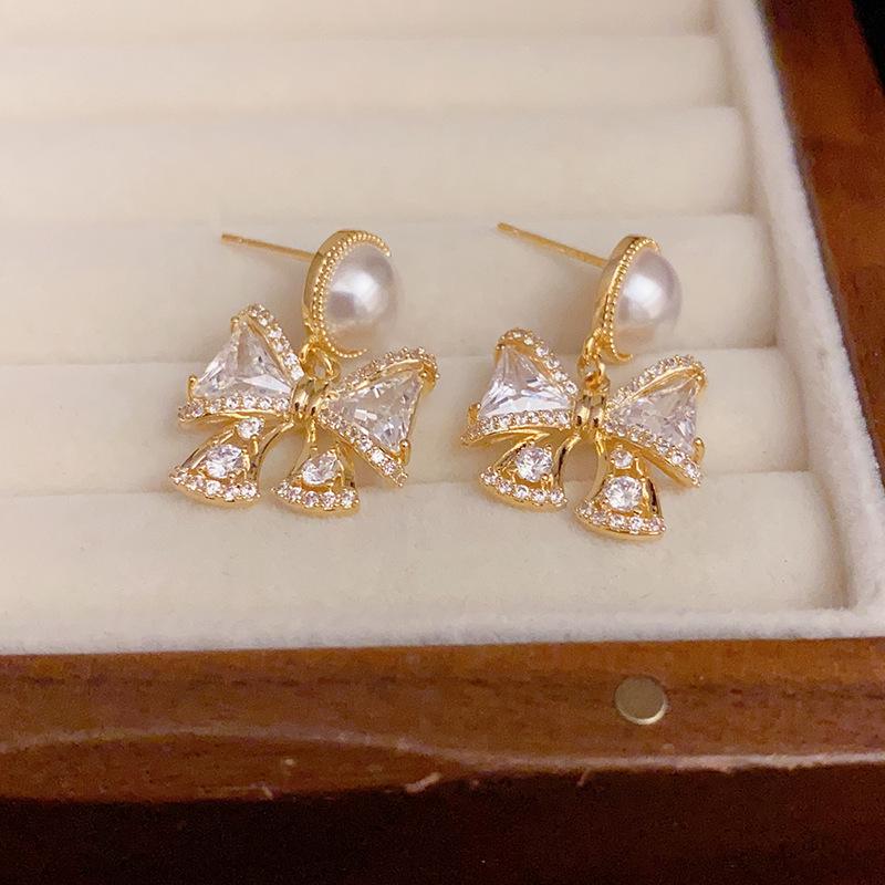 Chic Pearl Zircon Bow Earrings with S925 Silver Needle - Elegant Style