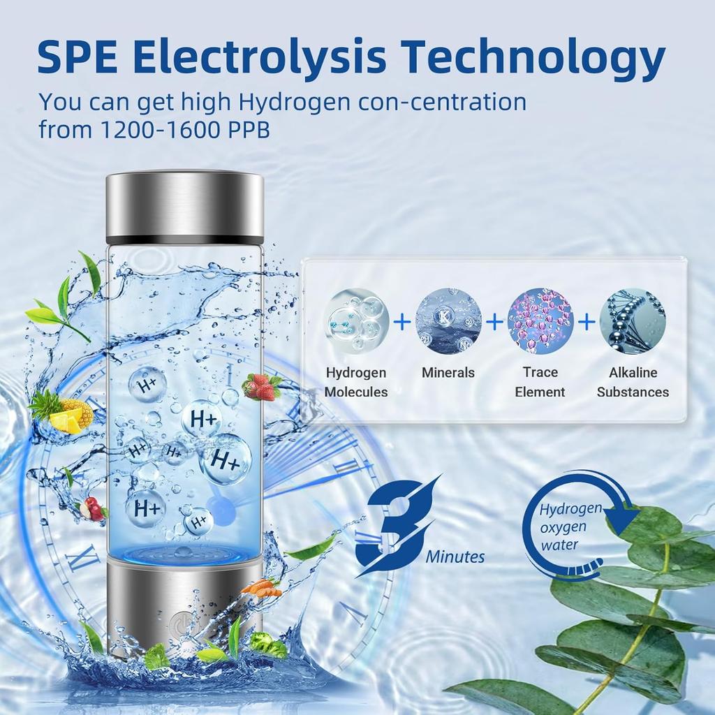 Hydrogen Water Bottle Portable Rechargeable Hydrogen Water Rapid Electrolysis with SPE/PEM Technology for Home Office Travel