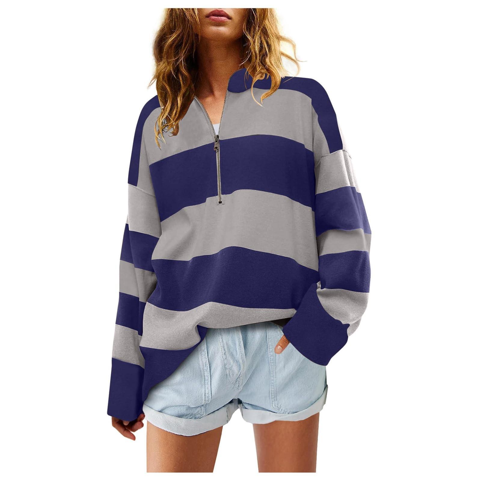 

Sweatshirts For Women Oversized Long Sleeve Casual Striped Fall Half Zip V Neck Color Block Pullover Sweatshirts Tops S