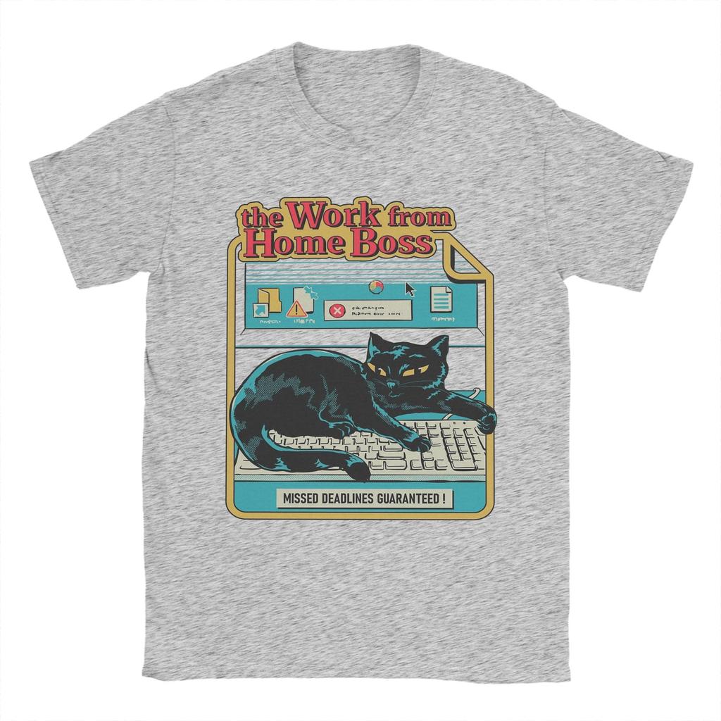 Vintage Work from Home Boss Cat Playing Computer Games T-Shirt Men Pure Cotton T Shirt Short Sleeve Tee Shirt Plus Size Clothing