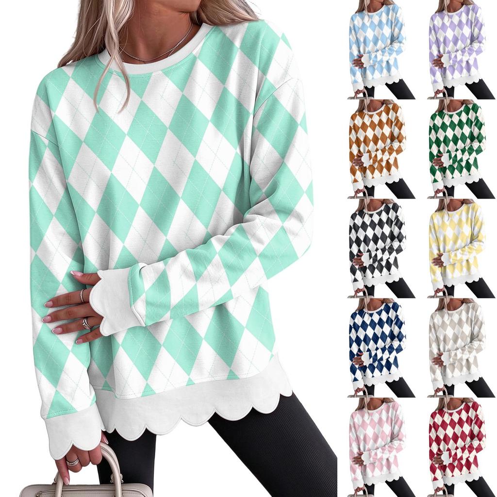 Women's Crewneck Sweatshirt with Scalloped Wavy Hem and Print for Casual Everyday Wear