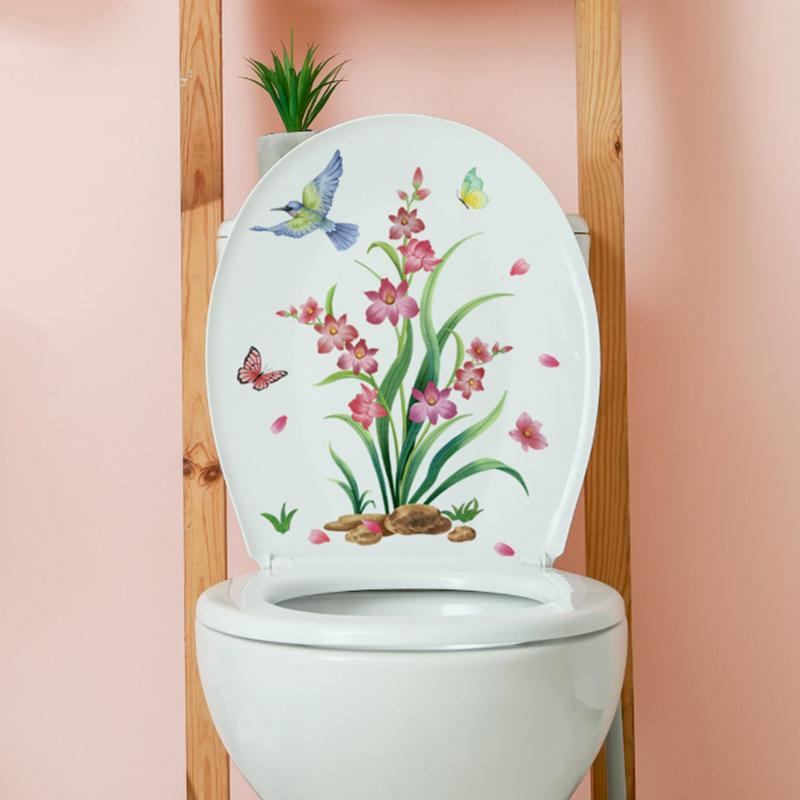 1Pcs Flower Floral Toilet Stickers Green Plant Leaves Wall Stickers Decoration Waterproof Self-Adhesive Decals Bathroom Sticker
