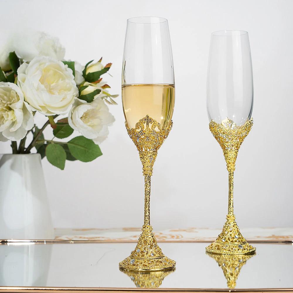 Original Flute-shaped Embossed Crown Champagne Glass, Golden Light Luxury Sparkling Wine Cup Ceremonial Sweet Cocktail Glasses