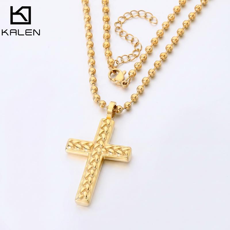 Kalen Wheat Textured Cross Pendant Necklace Polished Stainless Steel Ball Chain Men s Simple Fashion Jewelry Wholesale 60CM