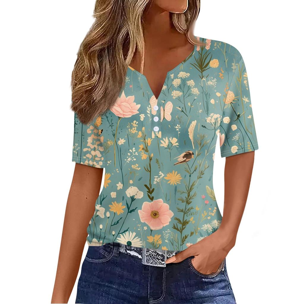 Women's T Shirt Print Button Short Sleeve Daily Weekend Fashion Basic V-Neck Regular Top