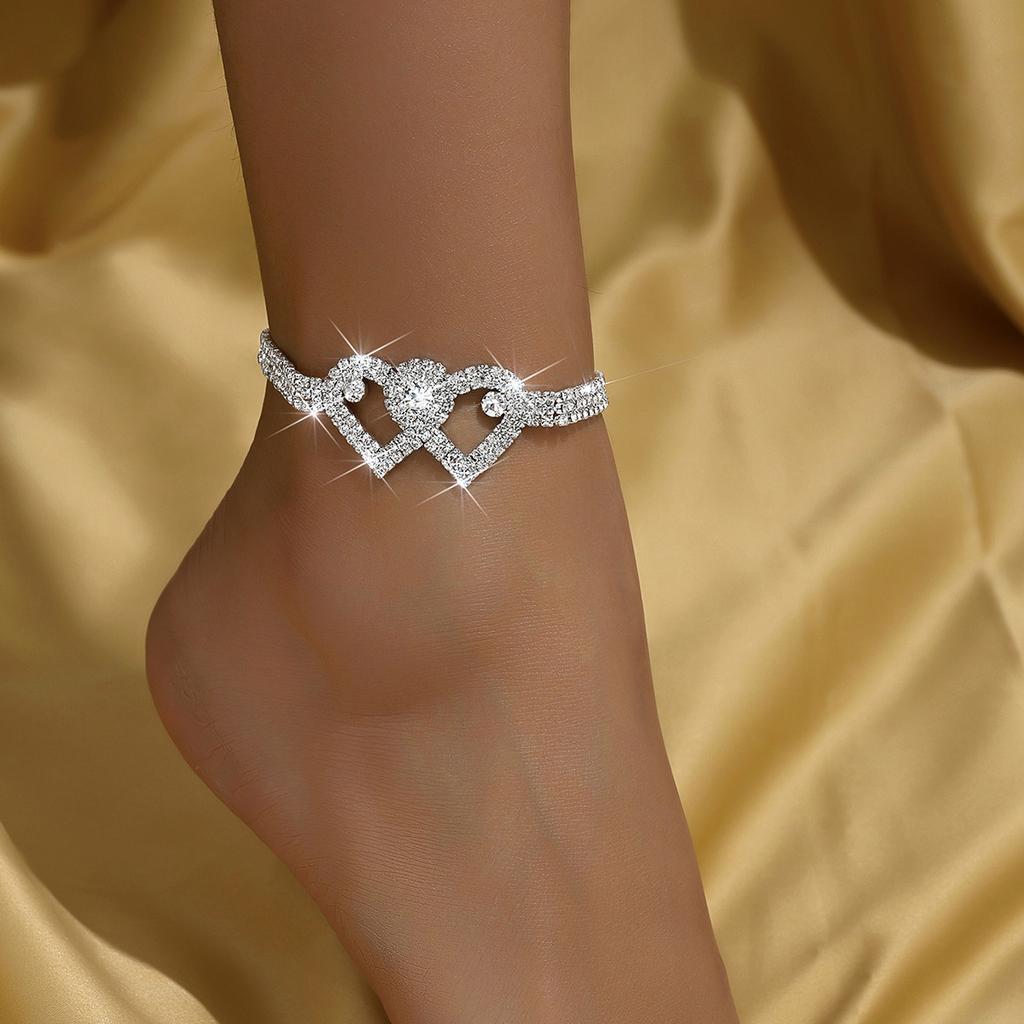 Factory Full Diamond Fashion Double Heart Anklet Summer Beach Jewelry Heart Rhinestone Anklet