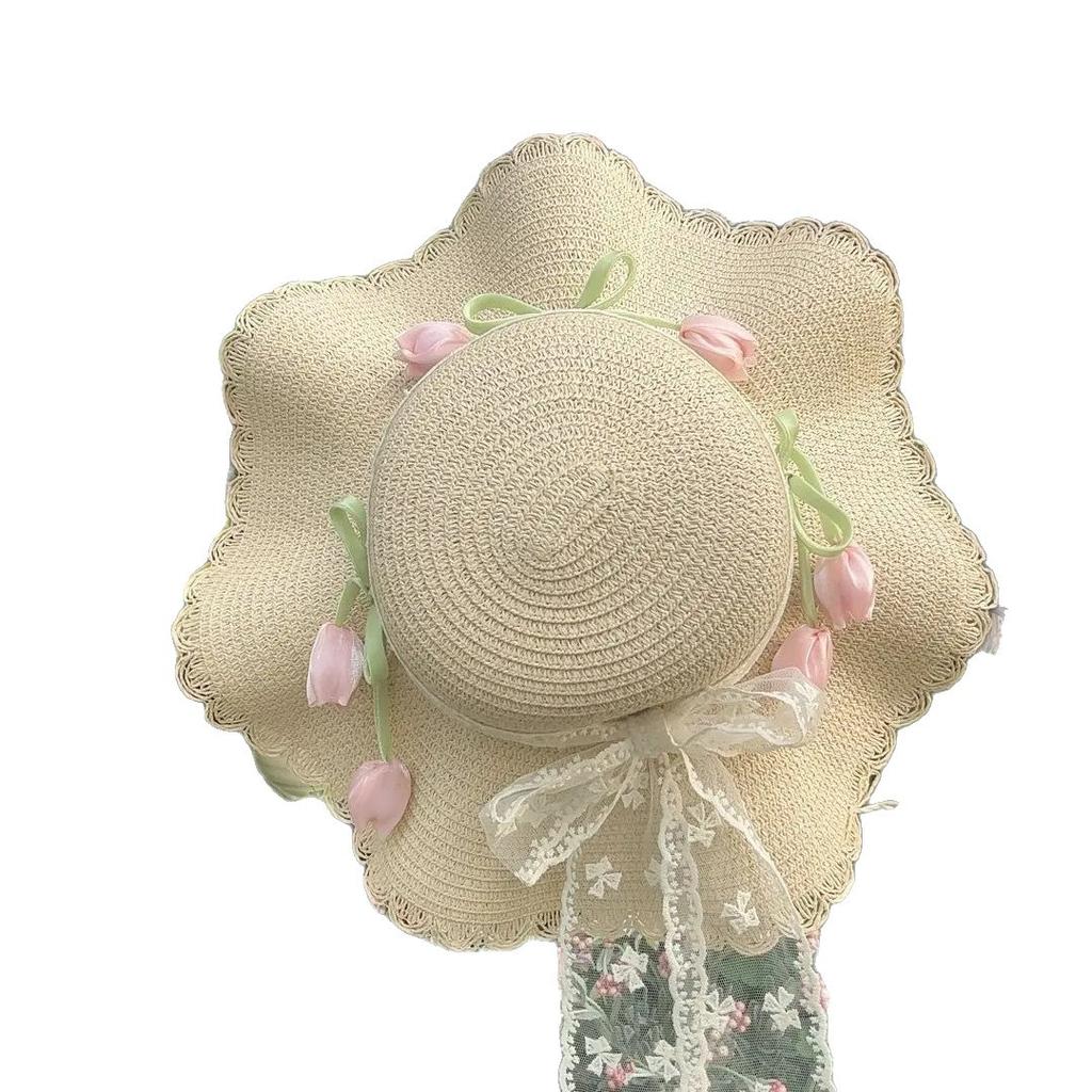 Summer Flowers Straw Hat Lace Straw Hat UV Sun Protection Beach Beach Photography Girl Big Hat Brim