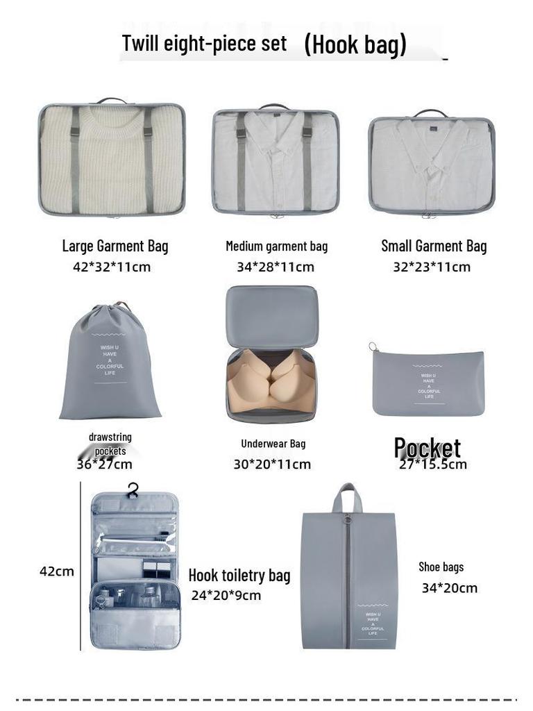 Eight-Piece Waterproof Travel Storage Bag Set for Business Trips - Large Capacity