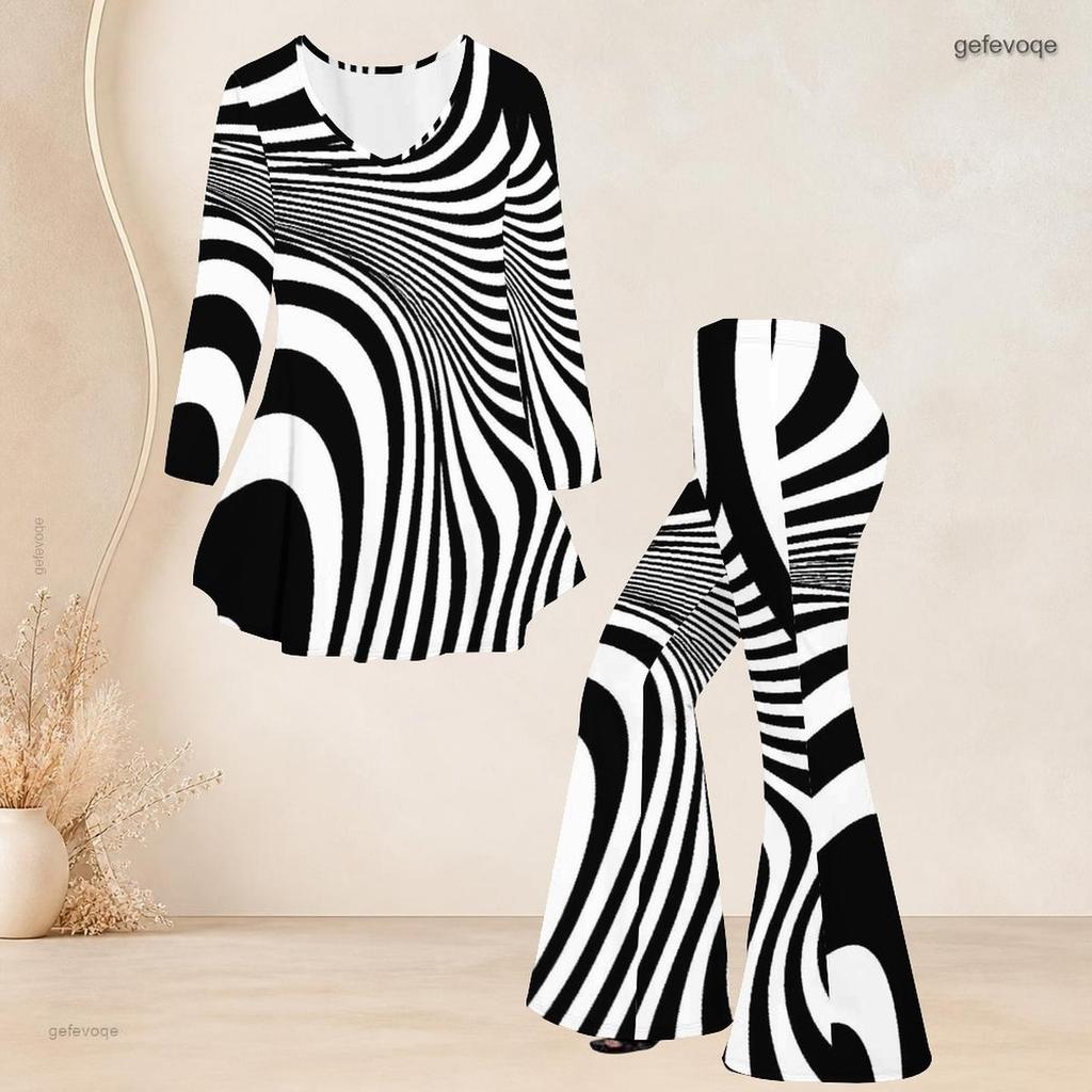 Women Plus Size Two Piece Set V Neck Three Quarter Sleeve Black White Printed Flared Top And Flared Pants