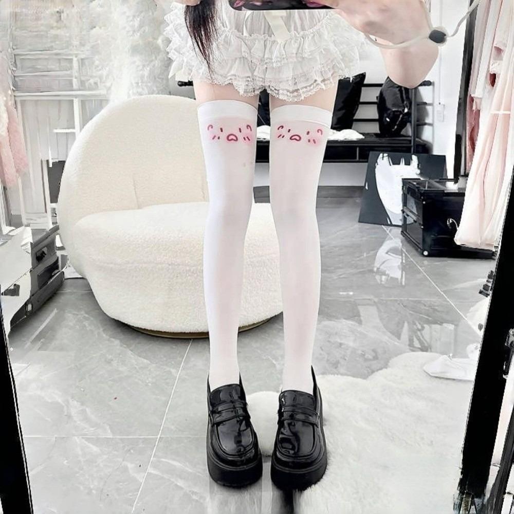 Elastic Printed Design Kawaii Stockings Cute Expression Cat Ear Knee High Socks JK Lolita Women Long Socks Daily