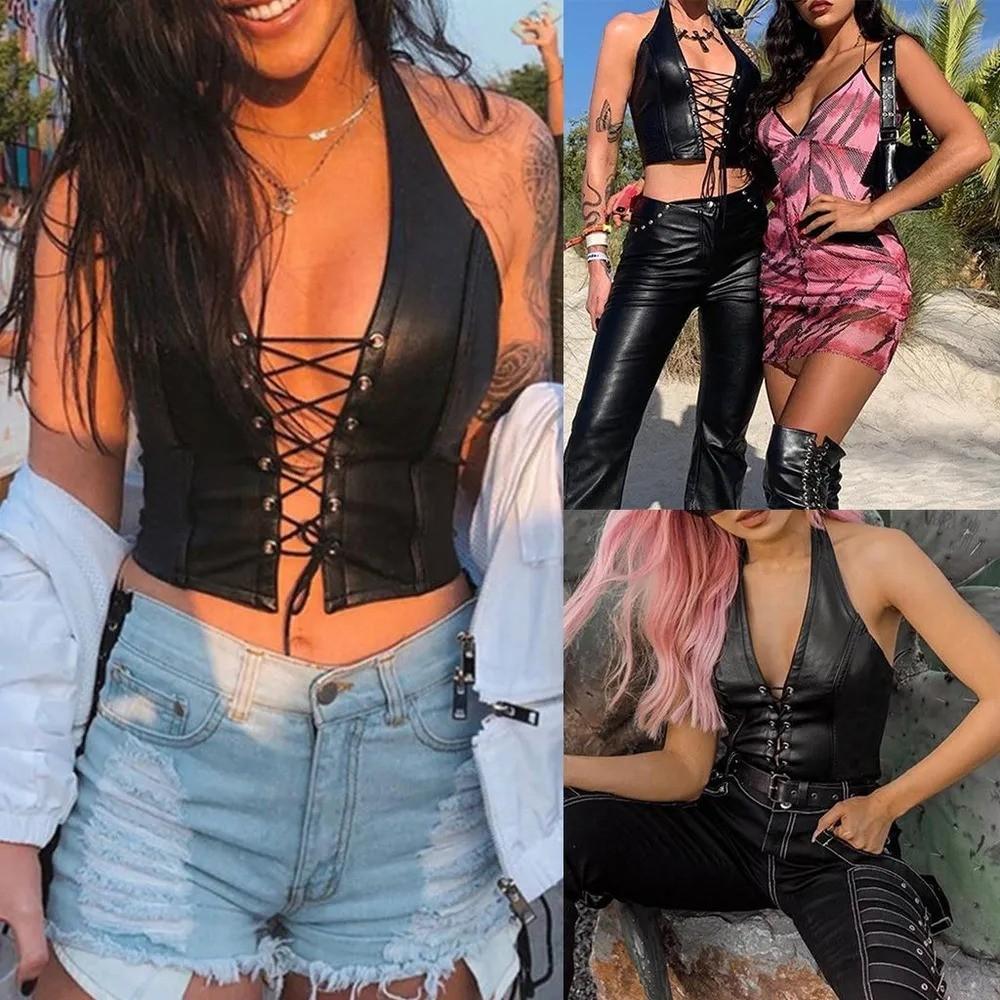Women's Sexy Hollow Out Leather Lingerie Leather Cut Out Sexy Bandage Hanging Neck