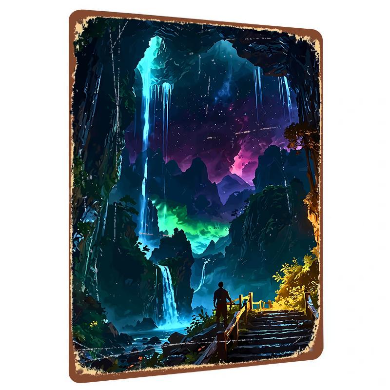 

Dreamy Starry Sky Cave Waterfall Scenery Iron Painting Home Living Room Bedroom Decor Wall Art 20x30cm（7.8x11.8inch）