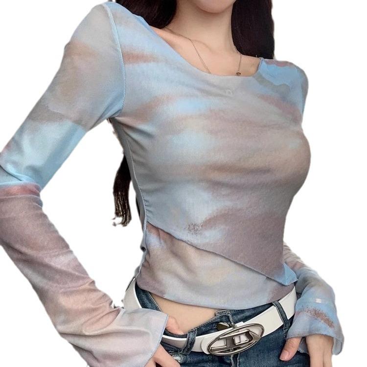 Damen Batik Unregelmäßiges Slim-Fit Langarm Crop Top