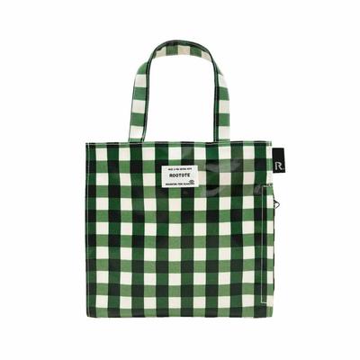 Bolsa Tote Pequena Rootote, Xadrez Gingham, Quadrada Laminada, Q 1029 (01 Verificar Verde)
