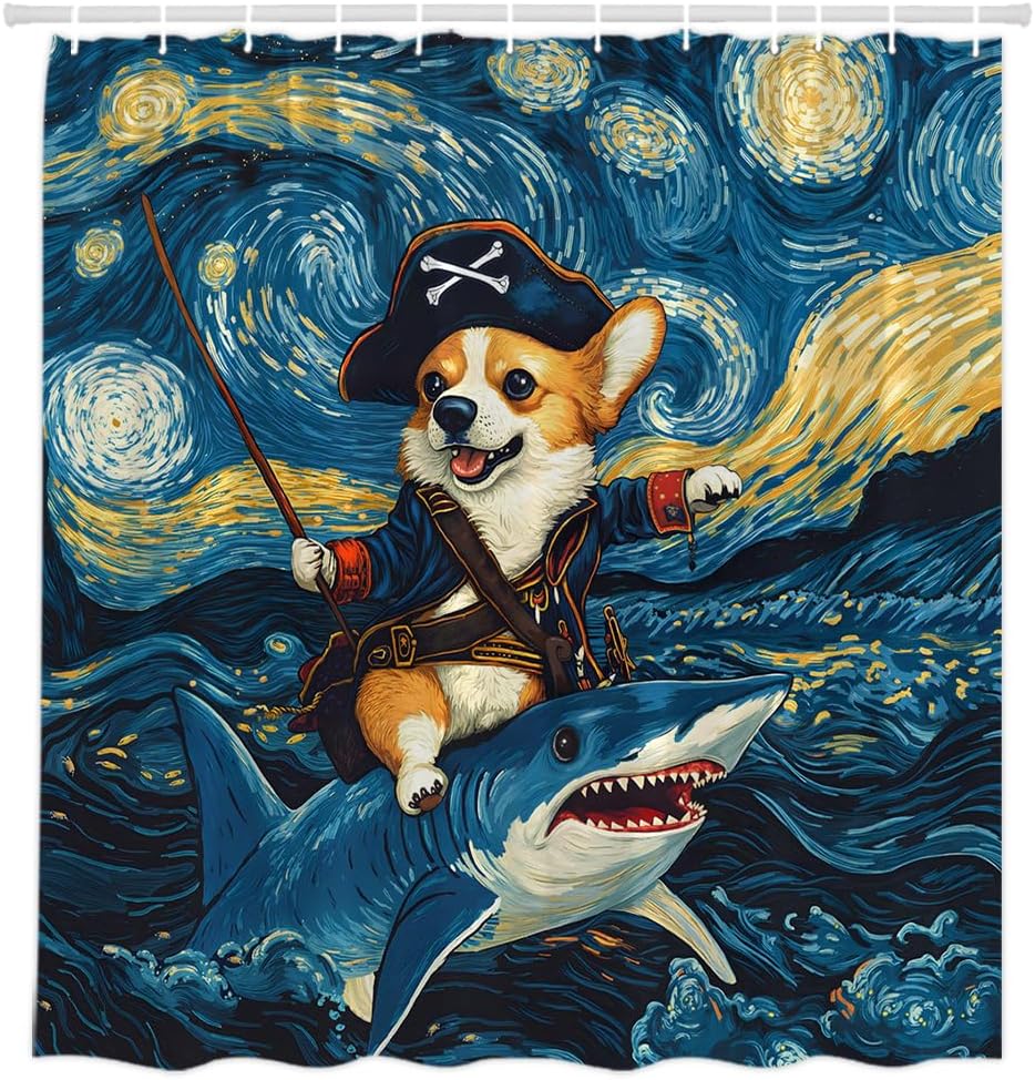 Funny Pirate Dog Riding Shark Shower Curtain Starry Ocean Sea Waves Cute Corgi Surfing Creative Hilarious Bathroom Decor Curtain