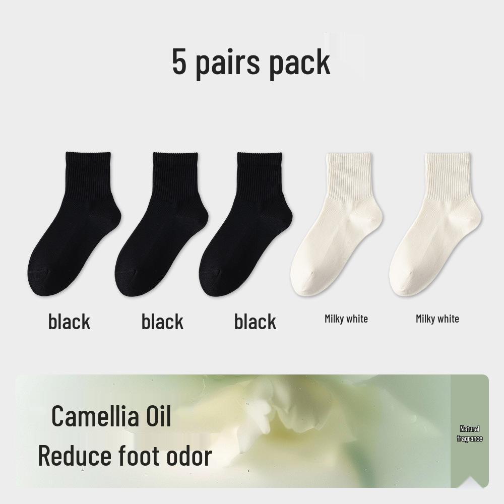 Women's Mid-Calf Camellia Essential Oil Antibacterial Cotton Socks - Solid Color, High Elasticity, for Spring & Autumn
