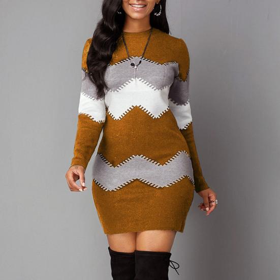 

Женское осенне-зимнее платье трикотажное эластичное полосатое цветное платье размера плюс длиной выше колена с длинным рукавом и круглым вырезом Slim Fit Lady Mini Dress