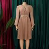 Woman Elegant Dresses Luxury V Neck Summer Full Sleeve Pleated Mid Calf Belt Waisted African Fashion Female Birthday Party Dress