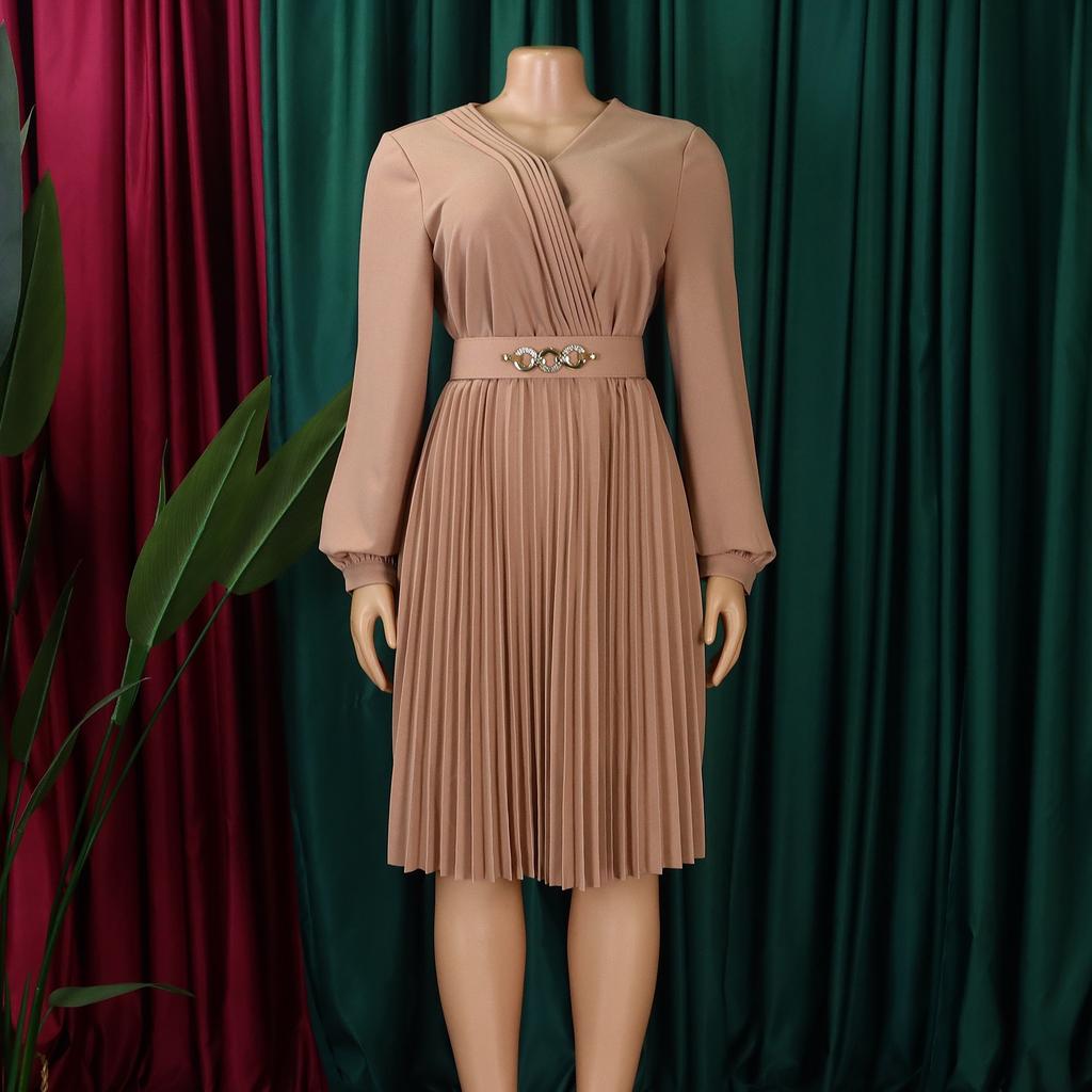 Woman Elegant Dresses Luxury V Neck Summer Full Sleeve Pleated Mid Calf Belt Waisted African Fashion Female Birthday Party Dress