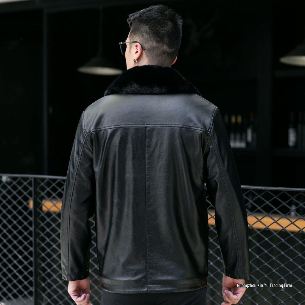 Men's Plus Velvet Leather Jacket with Thickened Fur Collar, Autumn/Winter Warmth, Ideal for Middle-Aged and Elderly Dads and Grandpas.