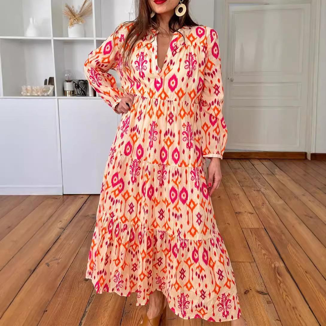 

Shiying Autumn Casual Geometric Print Long-Sleeve A-Line Dress for Women XL оранжевый