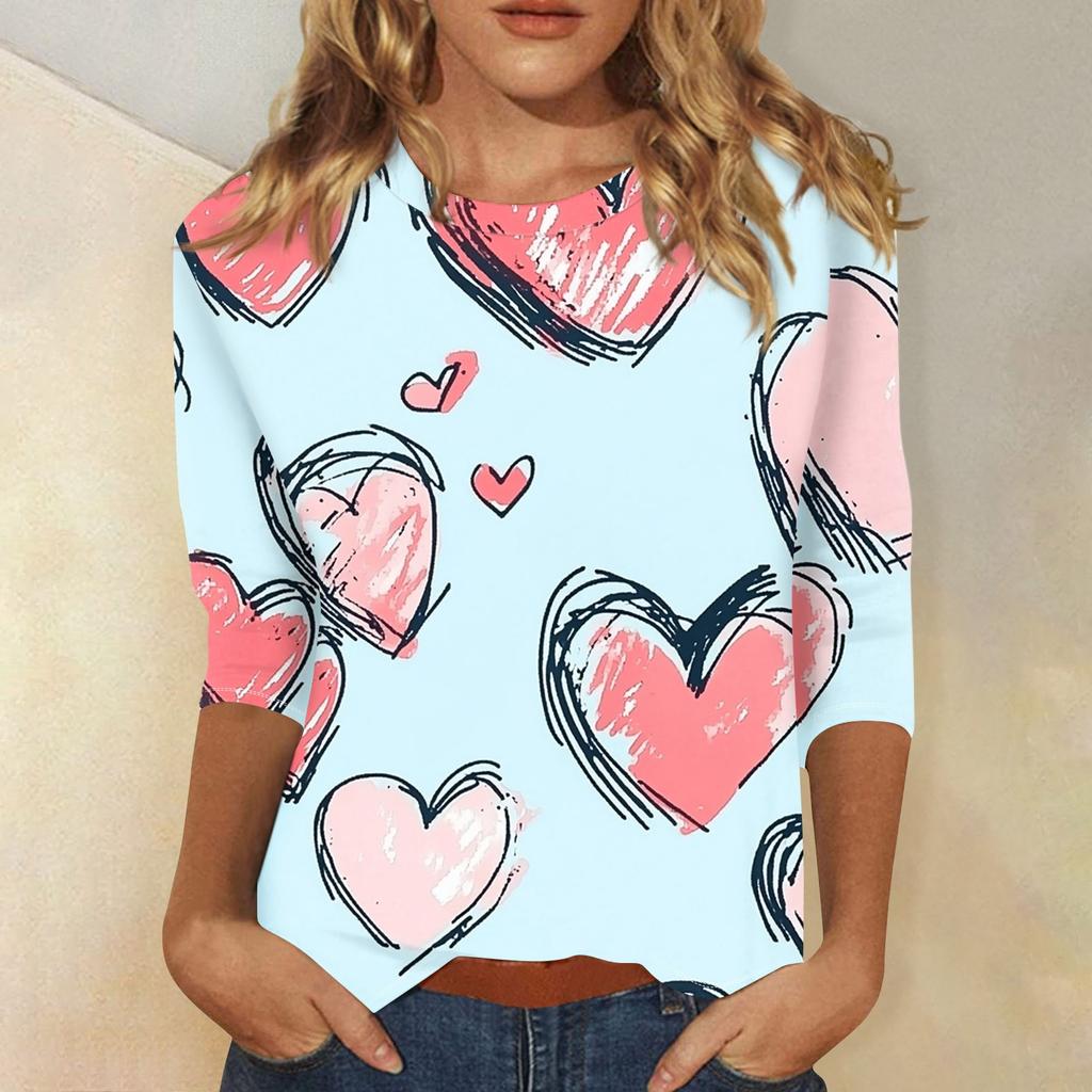 Women's Fashion Casual Round Neck Valentine's Day Love Heart Printed Three-quarter Sleeve T-shirt Top