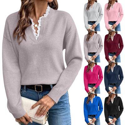 Dámský módní krajkový svetr s krajkou a výstřihem do V, jednobarevný, volný, s dlouhým rukávem, dámský pletený svetr
