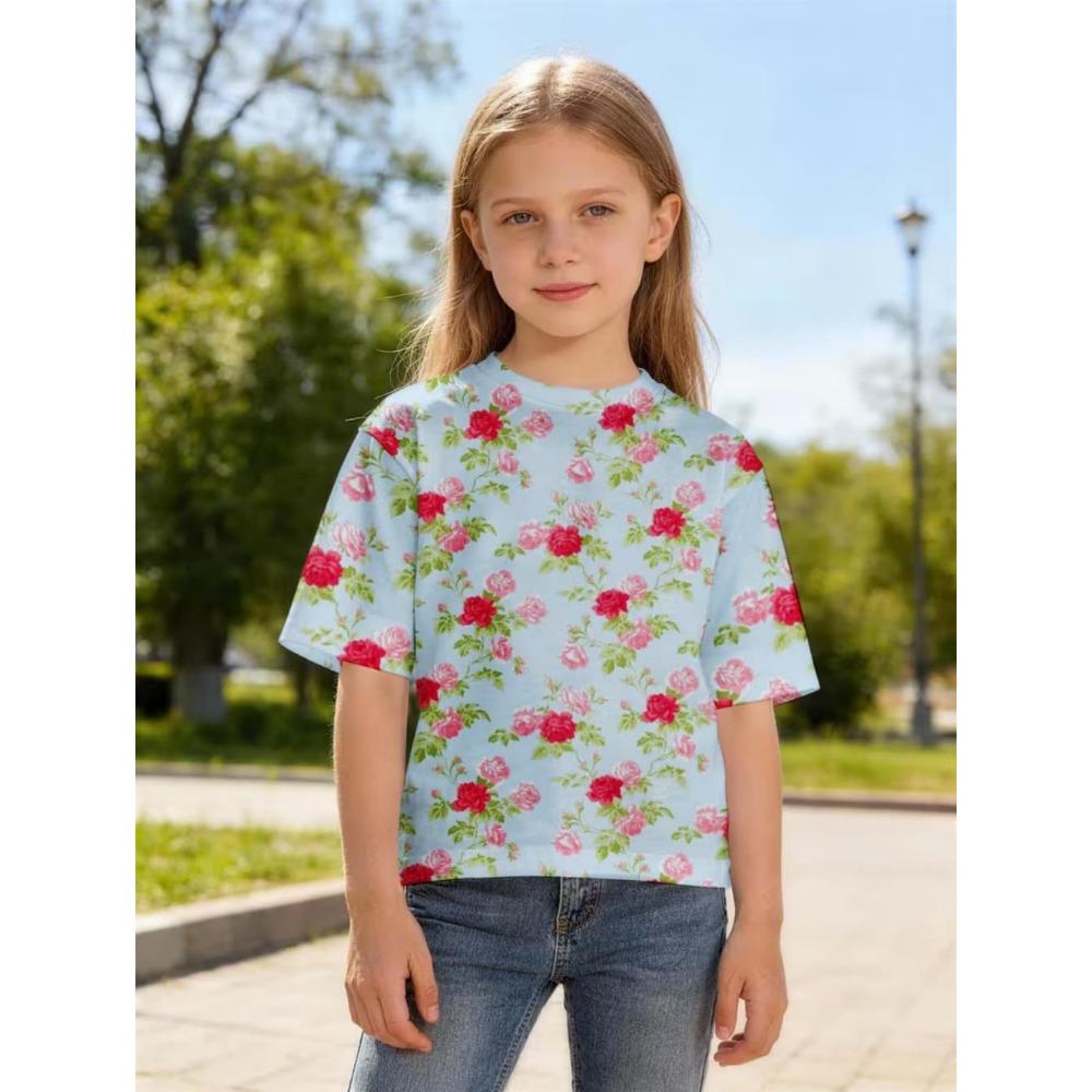 Summer Girl T-shirt Fashion Flower 3D Print Kids Short Sleeves T-Shirt Loose Casual Tops Outdoor Comfortable Girl Clothing