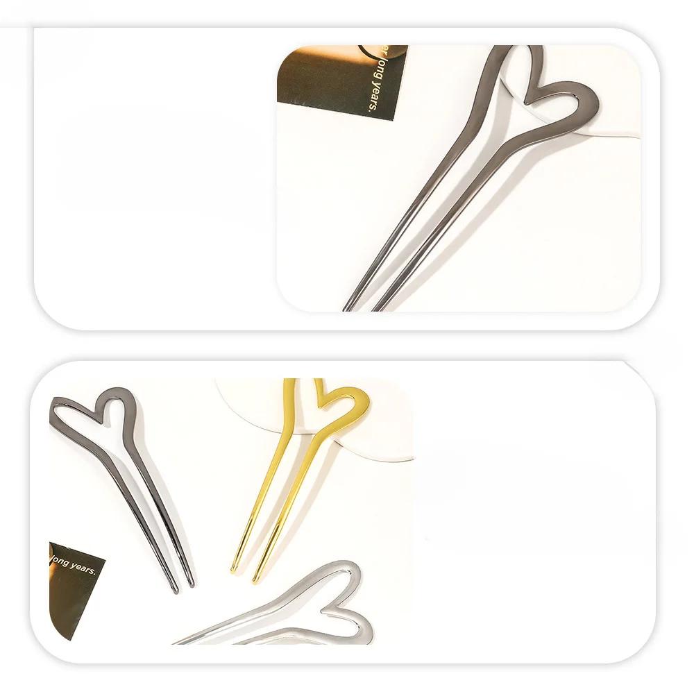 Korean Metal U Shape Love Heart Hair Pins for Women Girls Silver Gold Color Hairwear Simple Heart Shaped Hair Sticks Accessories