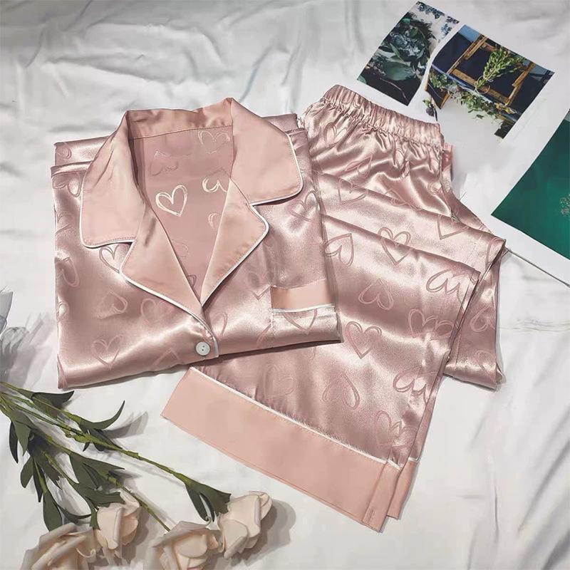 Summer High-End Green Fashion Lapel Pajamas Women'S Long-Sleeved Trousers Plant Flower Loungewear Set