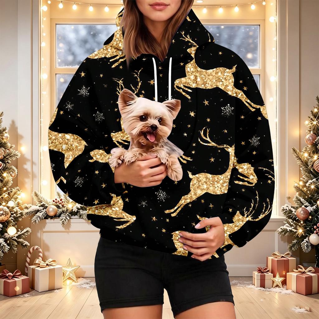 Damen Mode Weihnachtsdruck Hoodie mit Haustier-Tasche, Lässiger Pullover für Feiertagskleidung